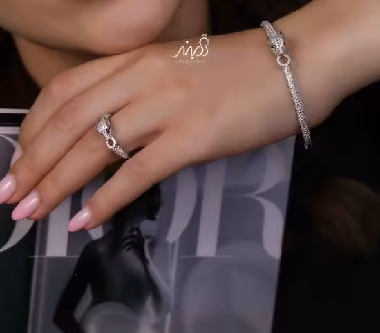 💍دستبند  و انگشتر لاکچری ببر خاص و زیبا ، نقره عیار 925 (D_7183)