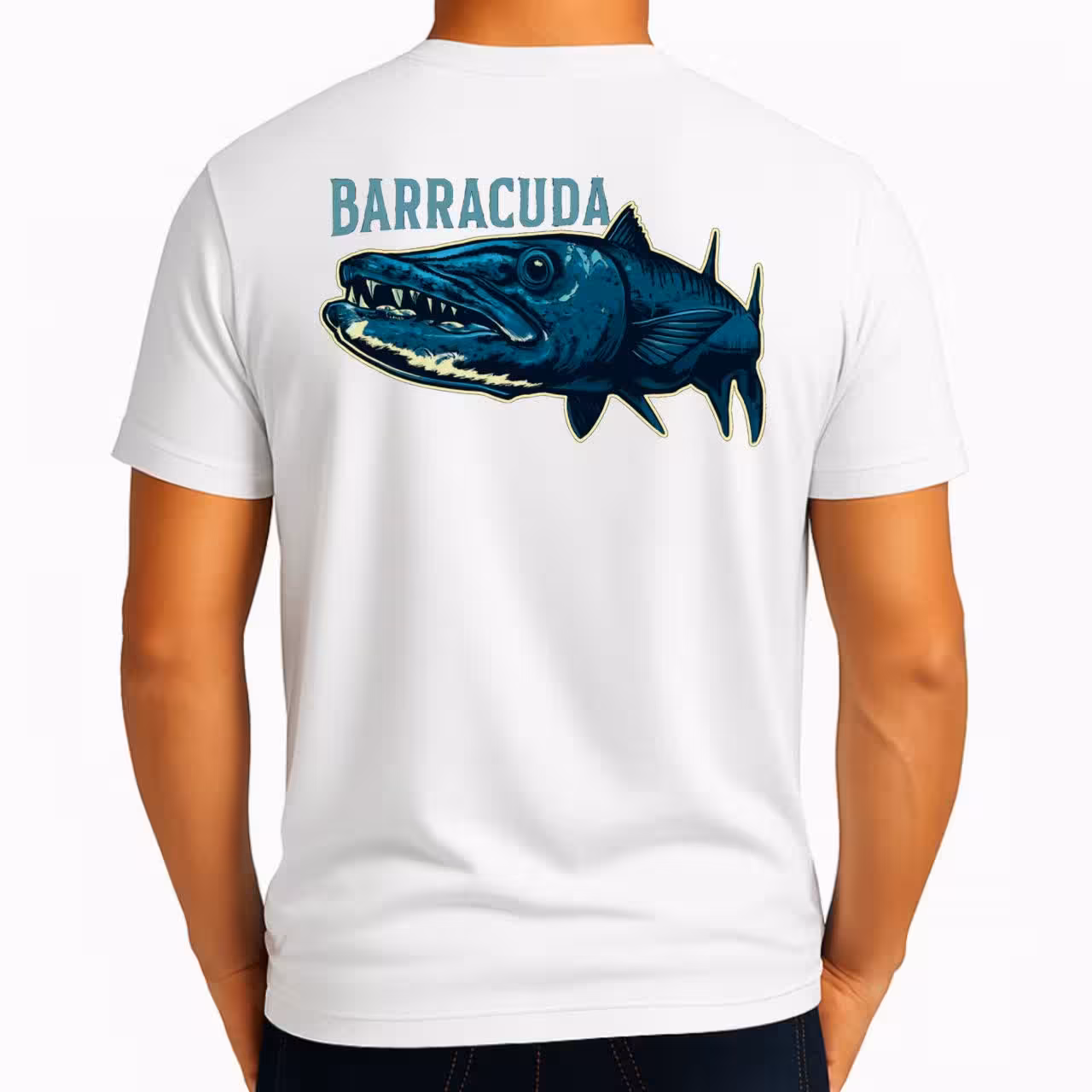 تیشرت نخی سفید و مشکی (چاپ سینه و کمر) طرح BARRACUDA