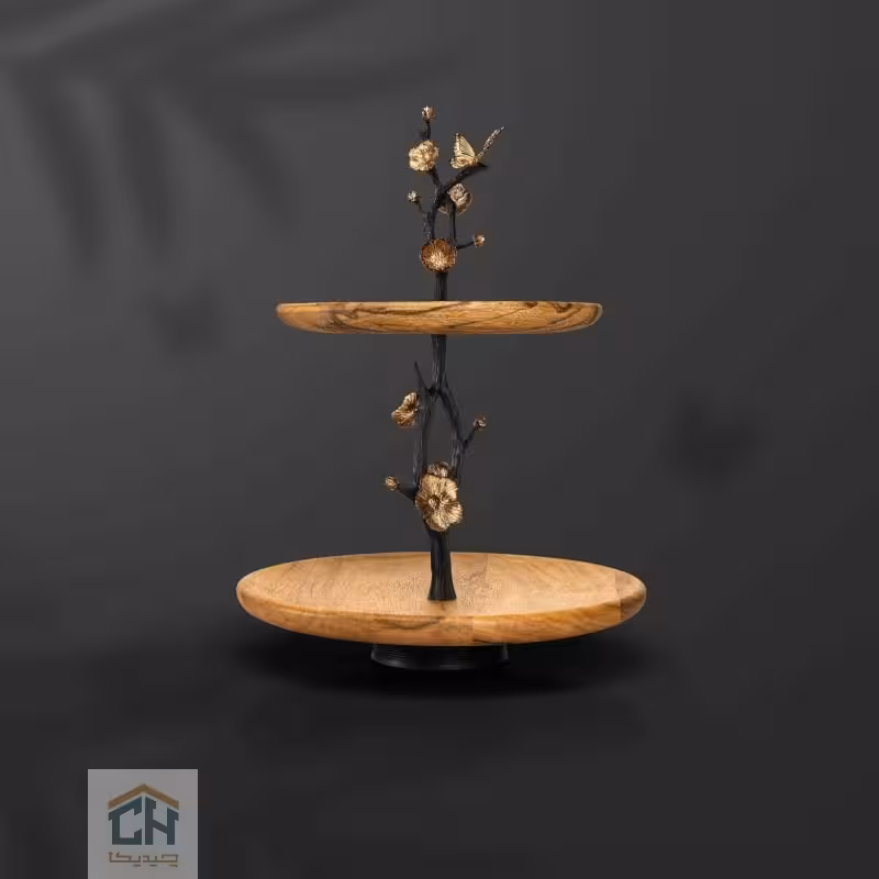 شیرینی خوری چوب و برنج 2 طبقه گلدکیش طرح butterfly wood مدل GK829801
