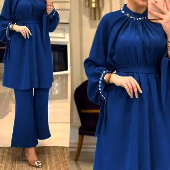 شومیز و شلوار مجلسی زنانه جنس ابروبادی درجه یک مروارید دوزی شده