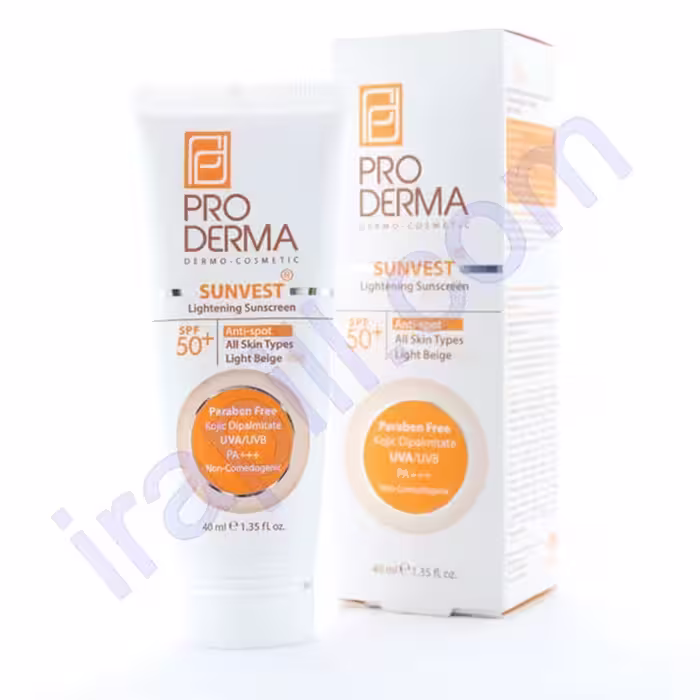 کرم ضد آفتاب و روشن کننده لک های پوست پرودرما SPF50 رنگ بژ روشن حجم 40 میلی لیتر
