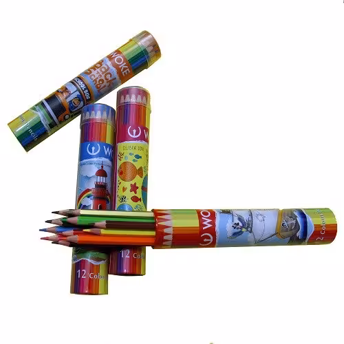 مداد رنگی 12 رنگ جعبه فلزی استوانه ای وک