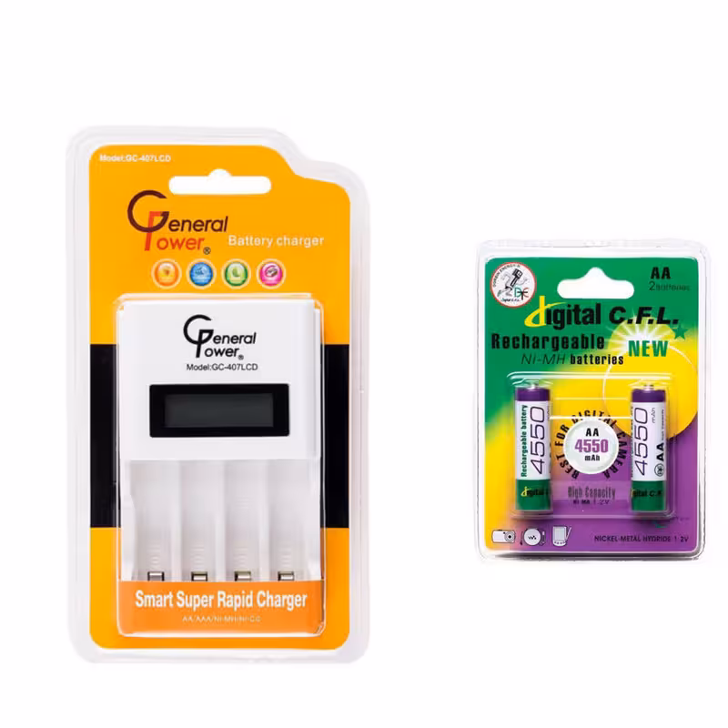 شارژر باتری جی پی مدل 407LCD به همراه باتری قلمی قابل شارژ CFL ظرفیت 4550 میلی آمپر ساعت Ni-MH