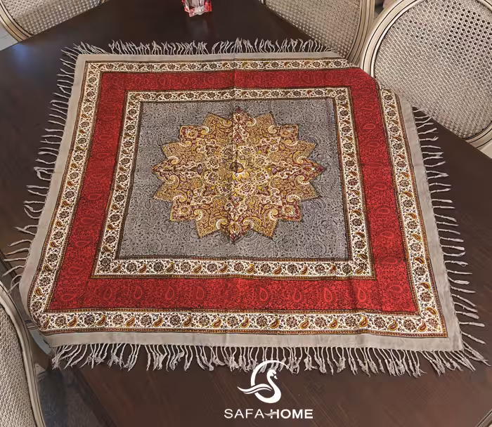 رومیزی قلمکاری ترنج بته جقه مربع 100*100 زرشکی