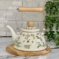 کتری تک لعابی گلدار دسته چوب 1/5 لیتر