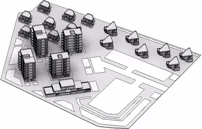 پروژه REVIT رویت مجموعه بلوکهای آپارتمانی و خانه‌های ویلایی تک‌واحدی فرمت rvt سبک مدرن