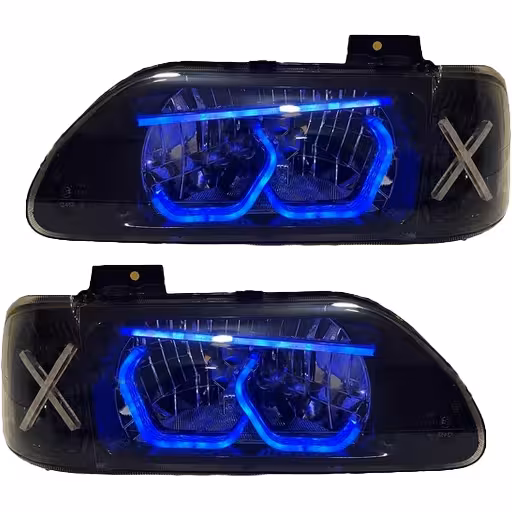 خرید چراغ جلو اسپرت پراید 131 مدرن مدل 3D-Hexa-X آبی داخل مشکی دوحالته بدون موتور دو عددی | اتوموبی