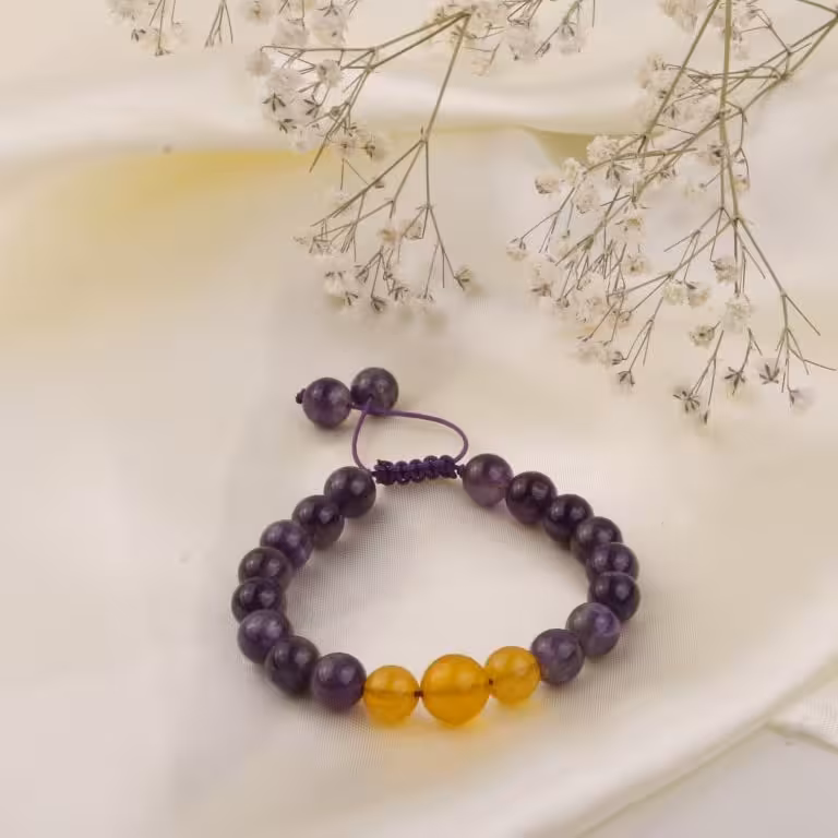 
دستبند آمیتیست و عقیق زرد شرف الشمس 