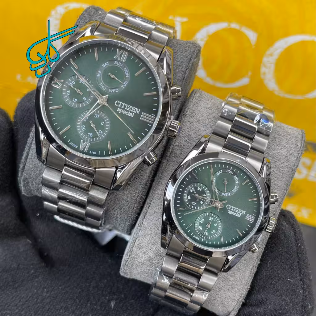خرید ست ساعت زنانه و مردانه سیتیزن اسپشیال سه موتوره فعال کیفیت عالی ساخت ژاپن استیل رنگ ثابت کد 2116018 - ردگل