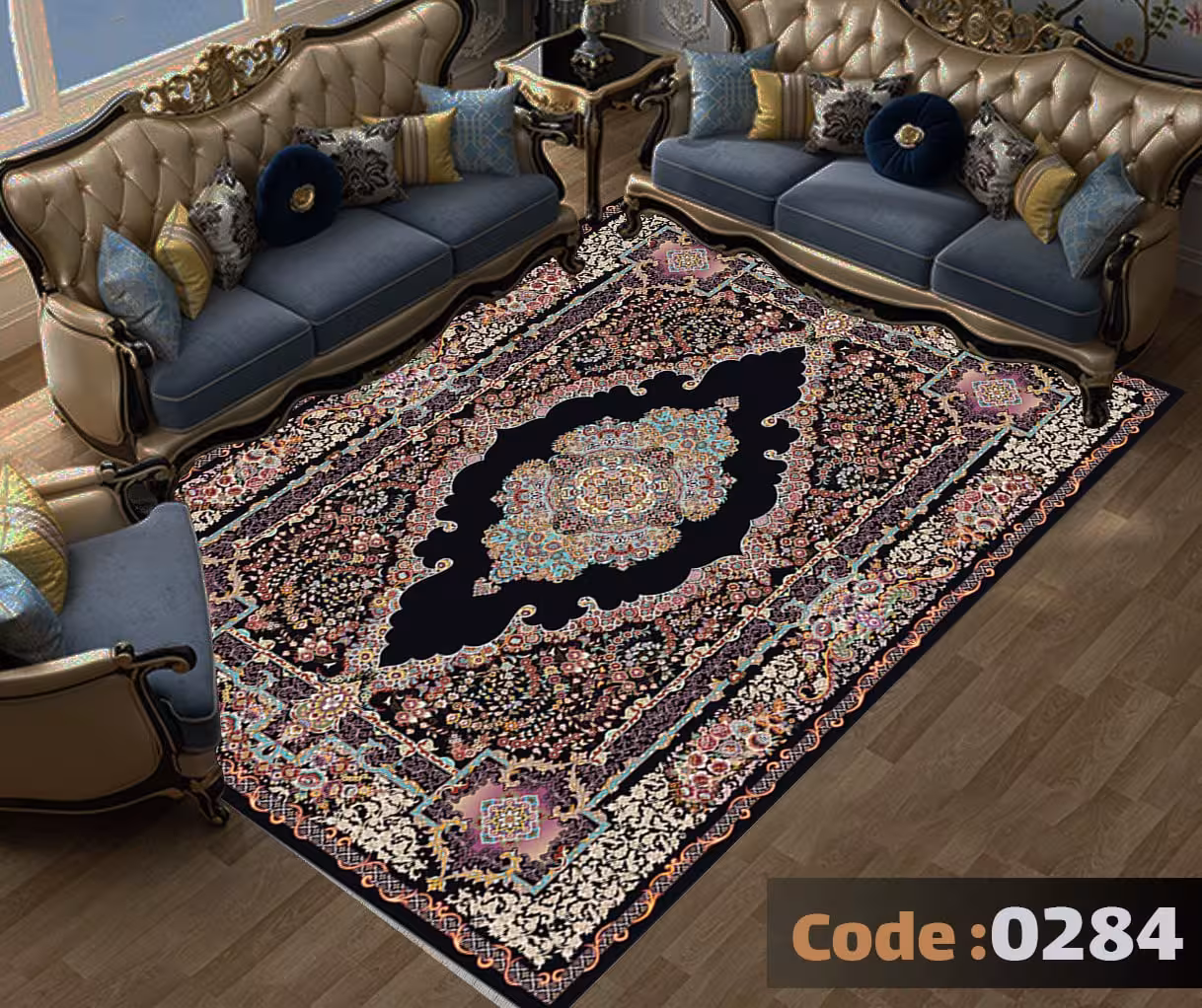 کاورفرش روفرشی دورکشدار گوشه لیفه ای لاکی ، آبی و متنوع کد 0284