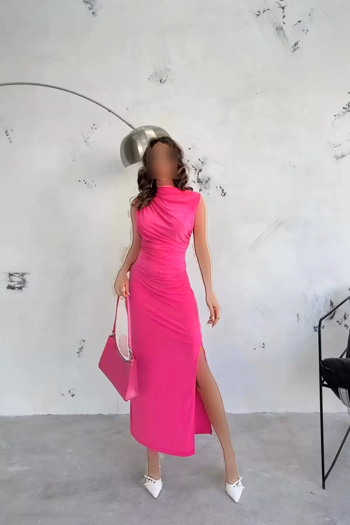 پیراهن شنی بدون آستین با جزئیات چاک، با قسمت دراپهشده آغوش و کمر صورتی - 6131
