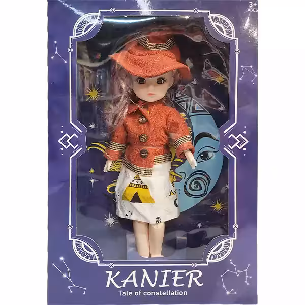 عروسک چشم تیله ای تمام مفصلی KANIER با لباس و کلاه زرشکی 201898
