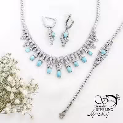 سرویس نقره جواهری با سنگ های فیروزه کد 19485