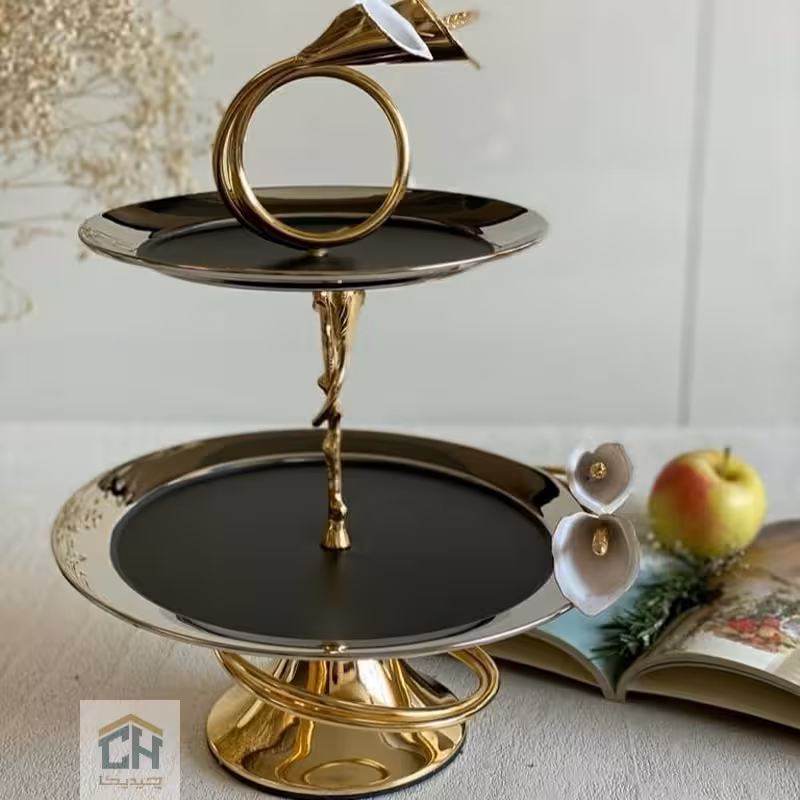 شیرینی خوری 2 طبقه استیل و برنج طرح گل شیپوری مدل 228163