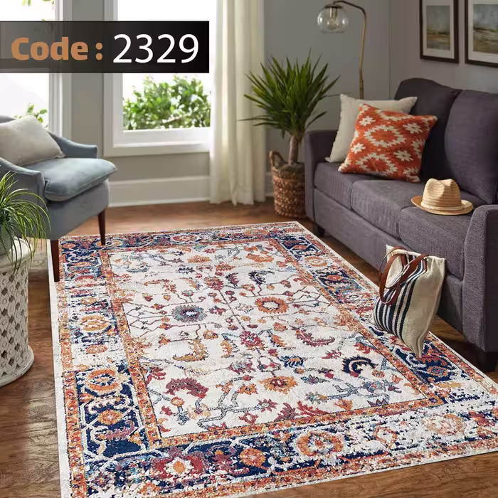 کاورفرش روفرشی دورکشدار گوشه لیفه ای لاکی ، آبی و متنوع کد 2329