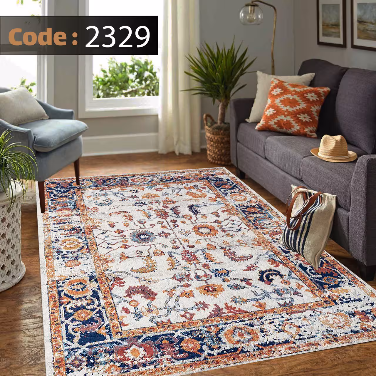 کاورفرش روفرشی دورکشدار گوشه لیفه ای لاکی ، آبی و متنوع کد 2329