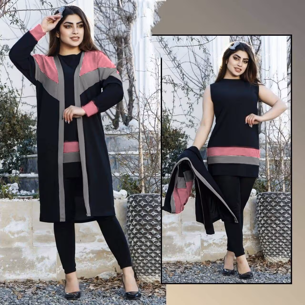 ست مانتو تاپ دو تیکه پرچمی جنس کرپ‌کش