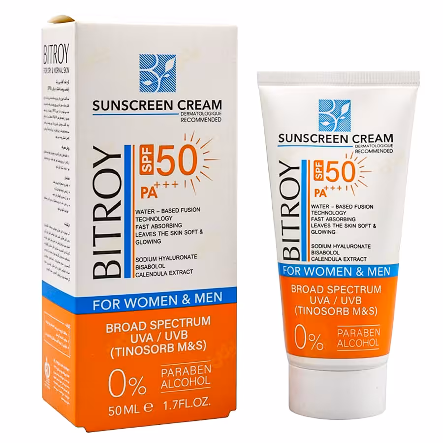 ضدآفتاب بیرنگ بیتروی مناسب پوست خشک ونرمالSPF50 | محافظت قوی بدون اثر سفیدک – 50 میل