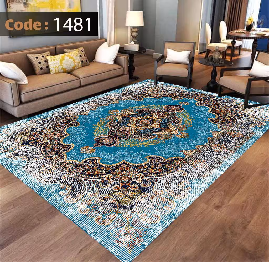 کاورفرش روفرشی دورکشدار گوشه لیفه ای لاکی ، آبی و متنوع کد 1481