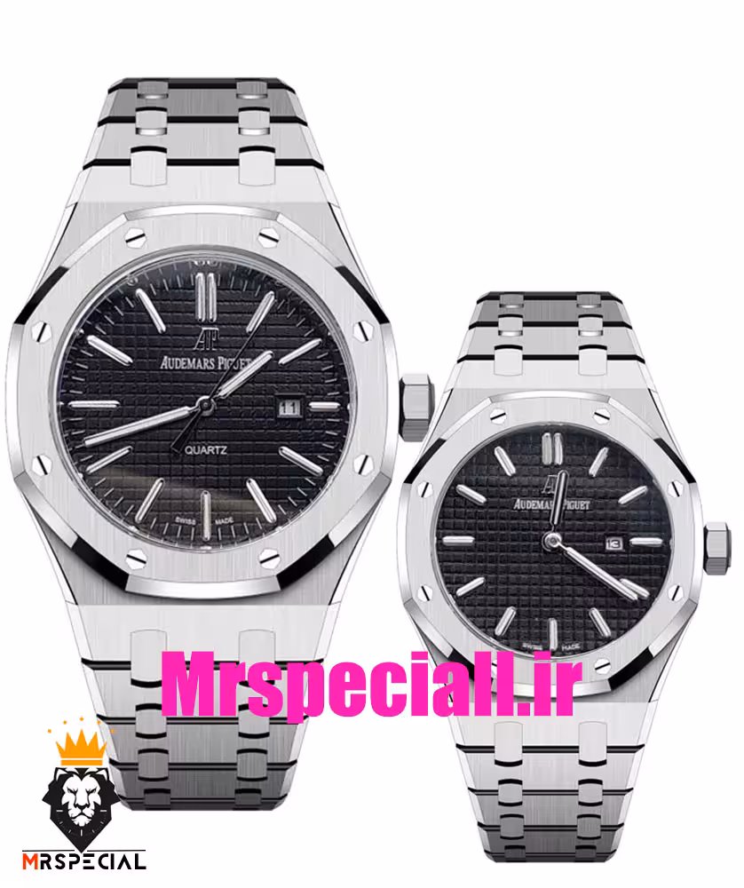 ساعت ست اودمار پیگه مردانه و زنانه باتری استیل صفحه مشکی Audemars Piguet Royal 01574