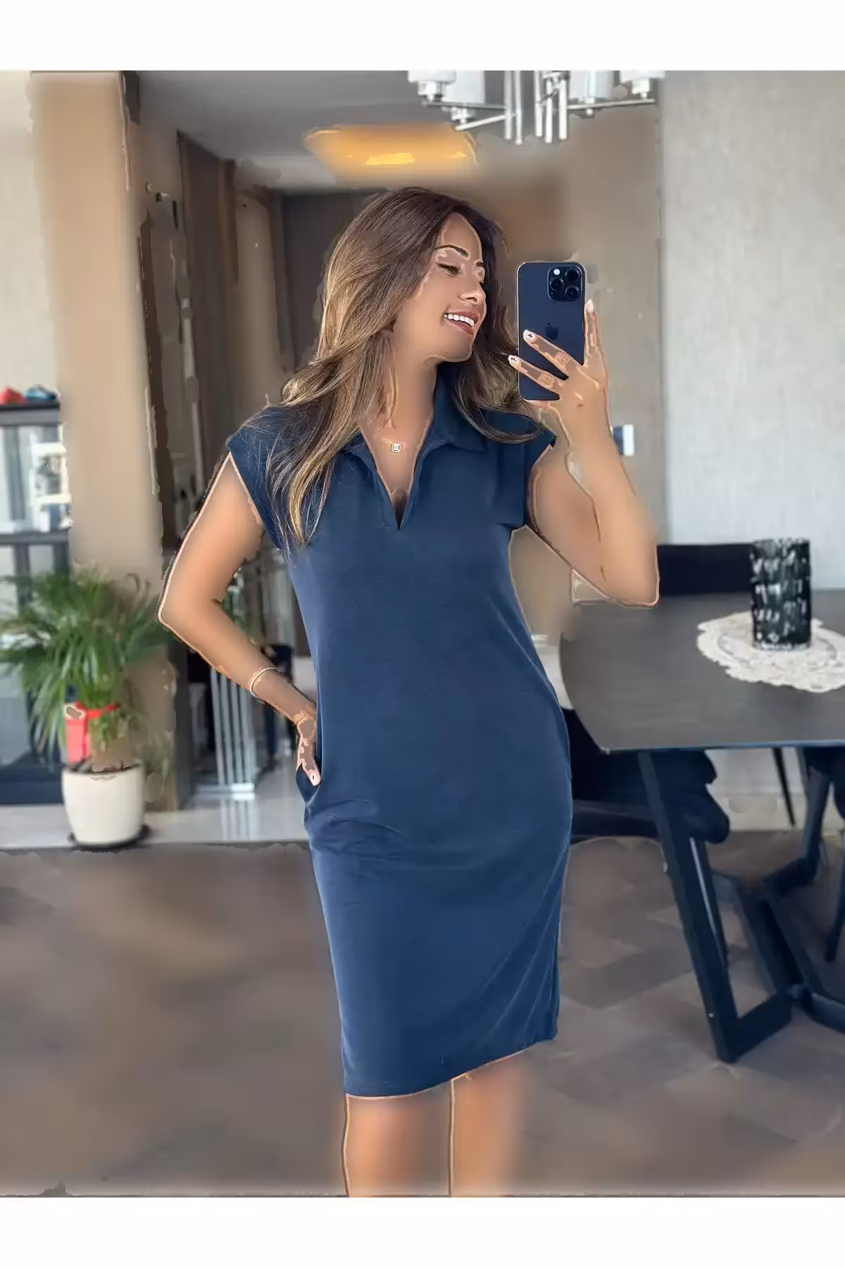 پیراهن زنانه پولو یقه دار با جیب - 10400