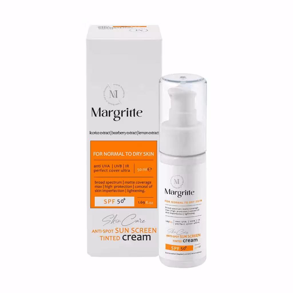 کرم ضد آفتاب روشن کننده SPF50 پوست نرمال تا خشک مارگریت بژ روشن 50 میلی لیتر Margritte SPF50 Anti Spot Sun Screen Cream 50 ml