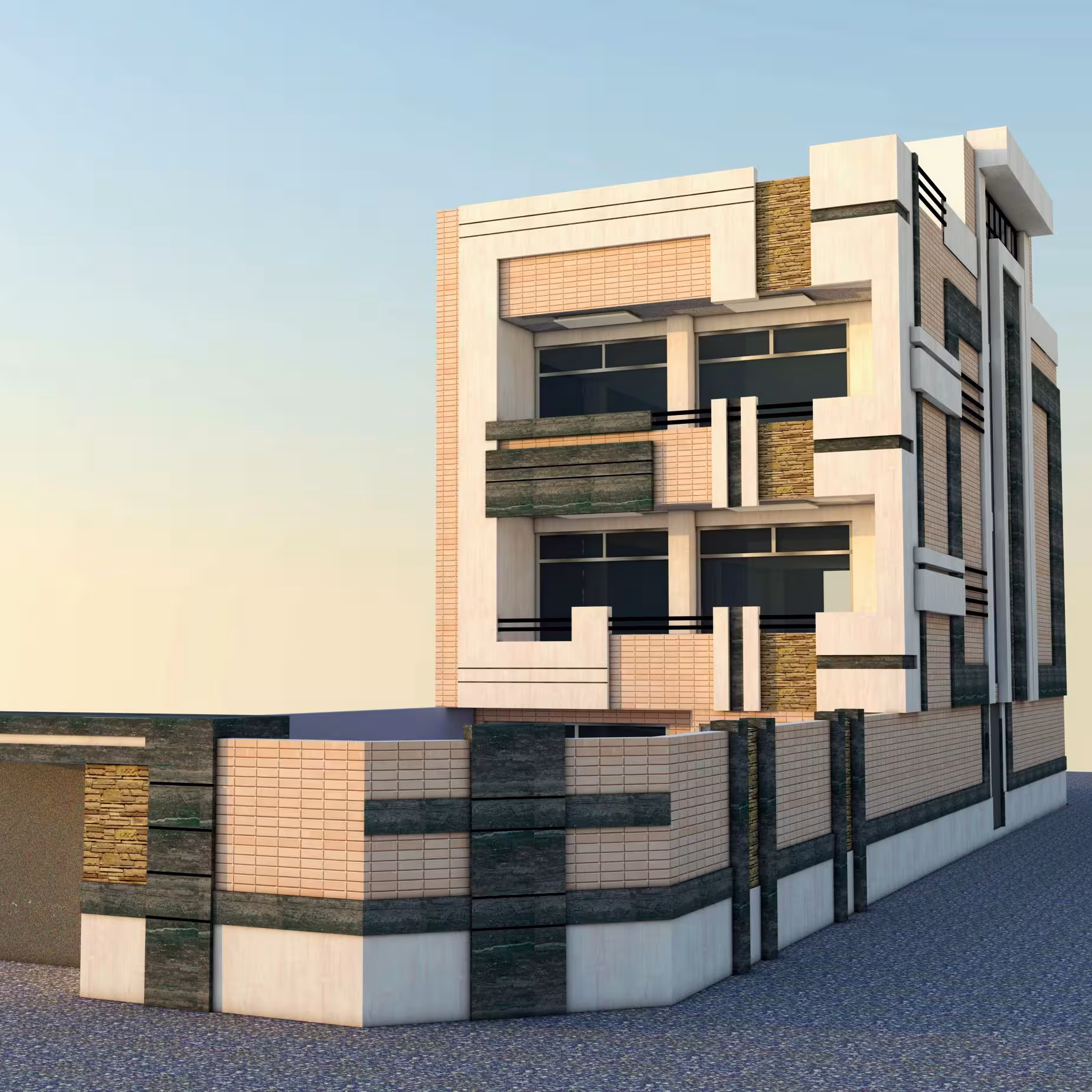 پروژه عمرانی طرح نما سه بعدی دو طبقه