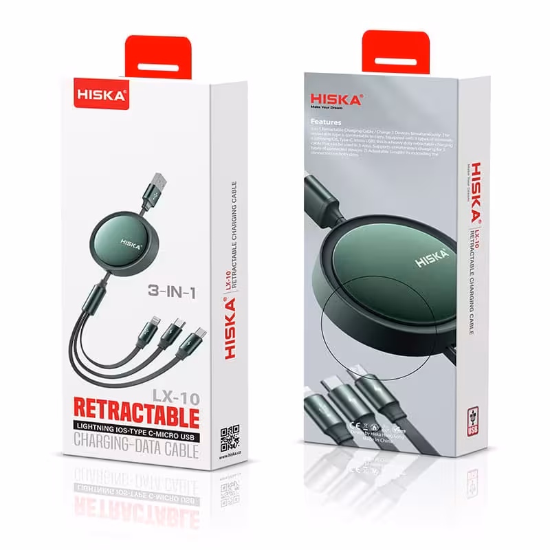 کابل شارژ USB به لایتنینگ / USB-C / MicroUSB هیسکا مدل LX-10 طول 1.2 مترHiska USB to Lightning / USB-C / MicroUSB charging cable model LX-10 length 1.2 meters