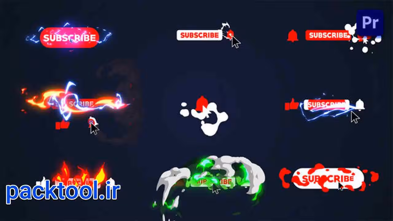 پروژه پریمیر دکمه های کارتنی سابسکرایب یوتیوب 2D Cartoon Youtube Buttons - پک تول