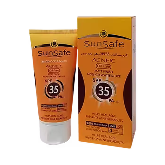کرم ضد آفتاب SPF35 کرم پودری ACNEIC بژ متوسط 50 میلی لیتر سان سیف – مناسب پوست چرب و آکنه ای