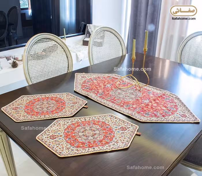 رومیزی ترمه 3 تکه هاشمی کد 46 ممتاز قرمز