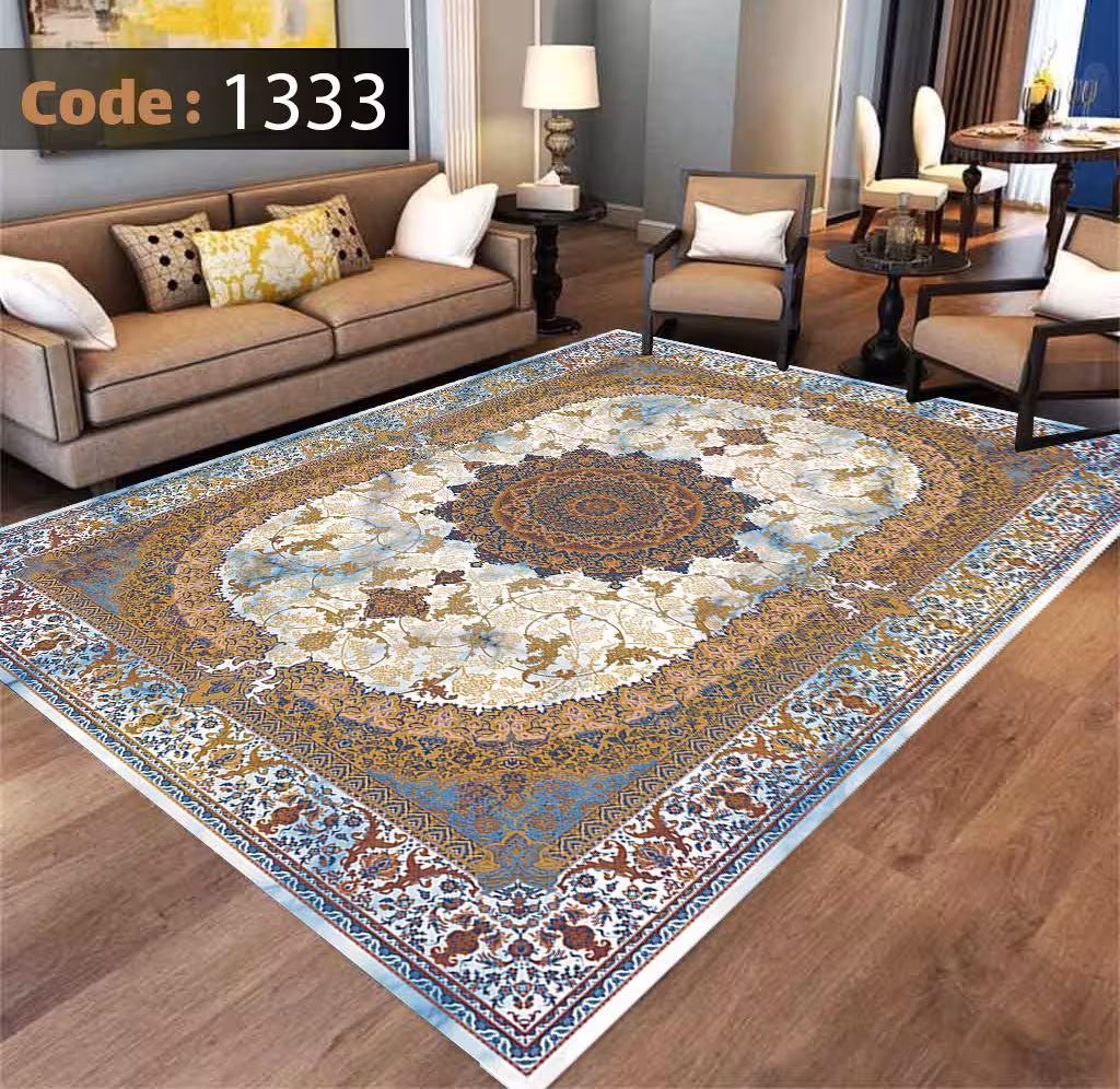 کاورفرش روفرشی دورکشدار گوشه لیفه ای کرم  قهوه ای کد 1333