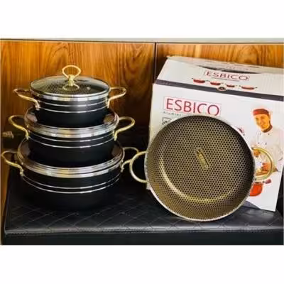 سرویس قابلمه 7 پارچه تفلون اسبیکو زنبوری دسته طلایی