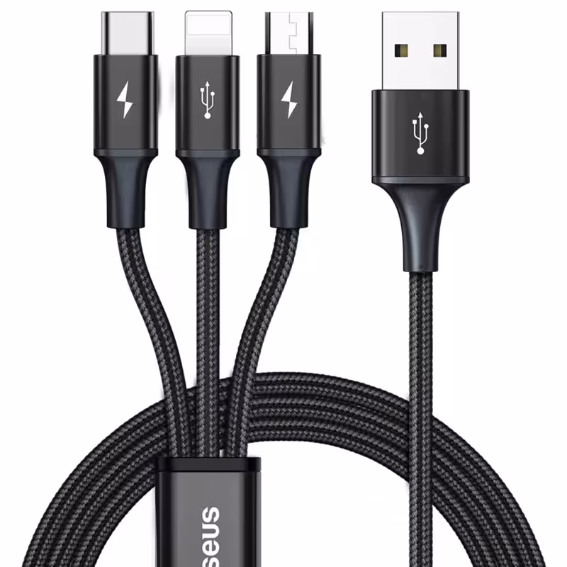 کابل تبدیل USB به لایتنینگ / MicroUSB / USB-C باسئوس مدل Rapid 3 In 1 طول 1.2 متر