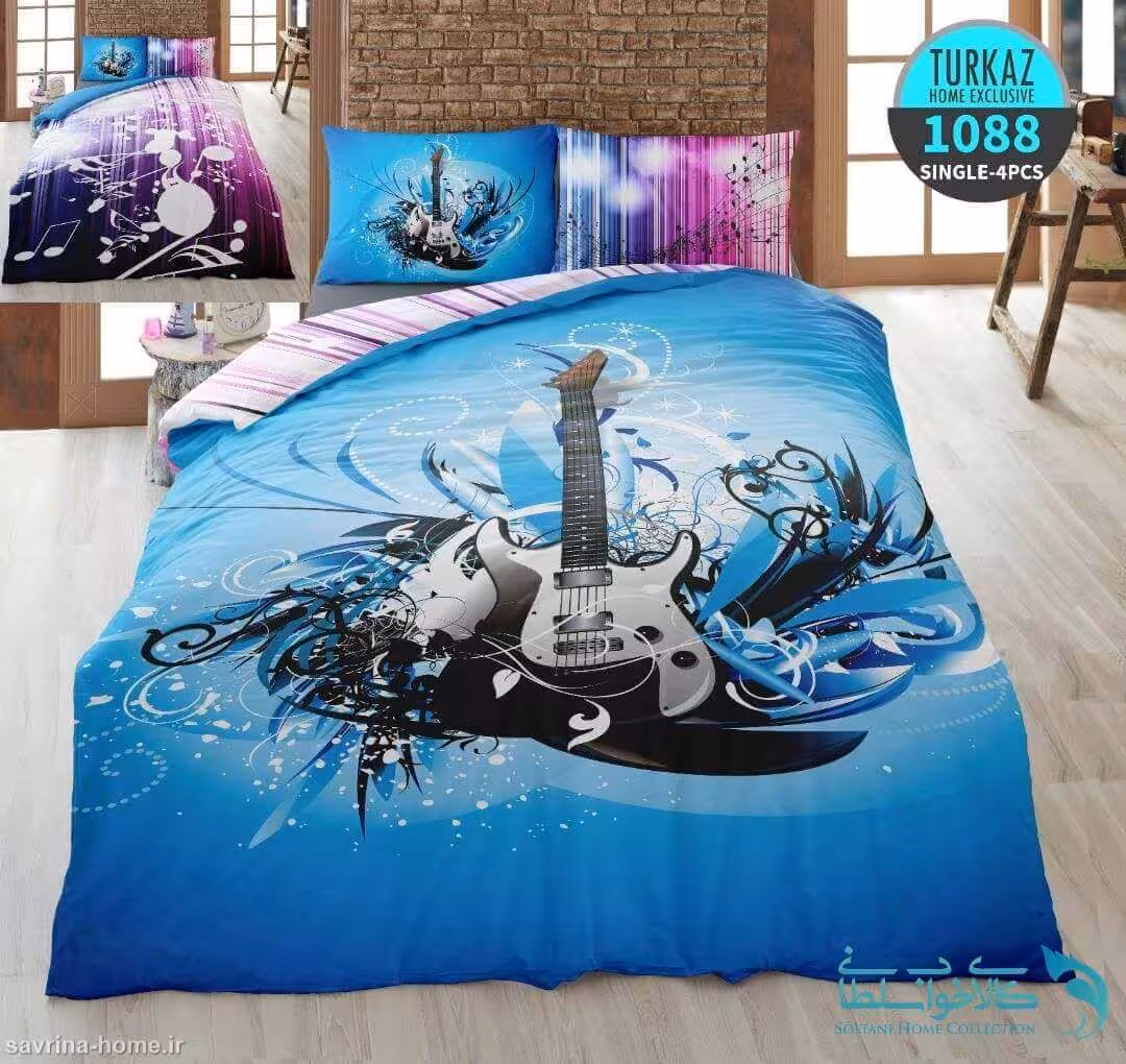سرویس لحاف روتختی سه بعدی مدل گیتار برند Turkaz کد 1088 یک نفره 4 تکه