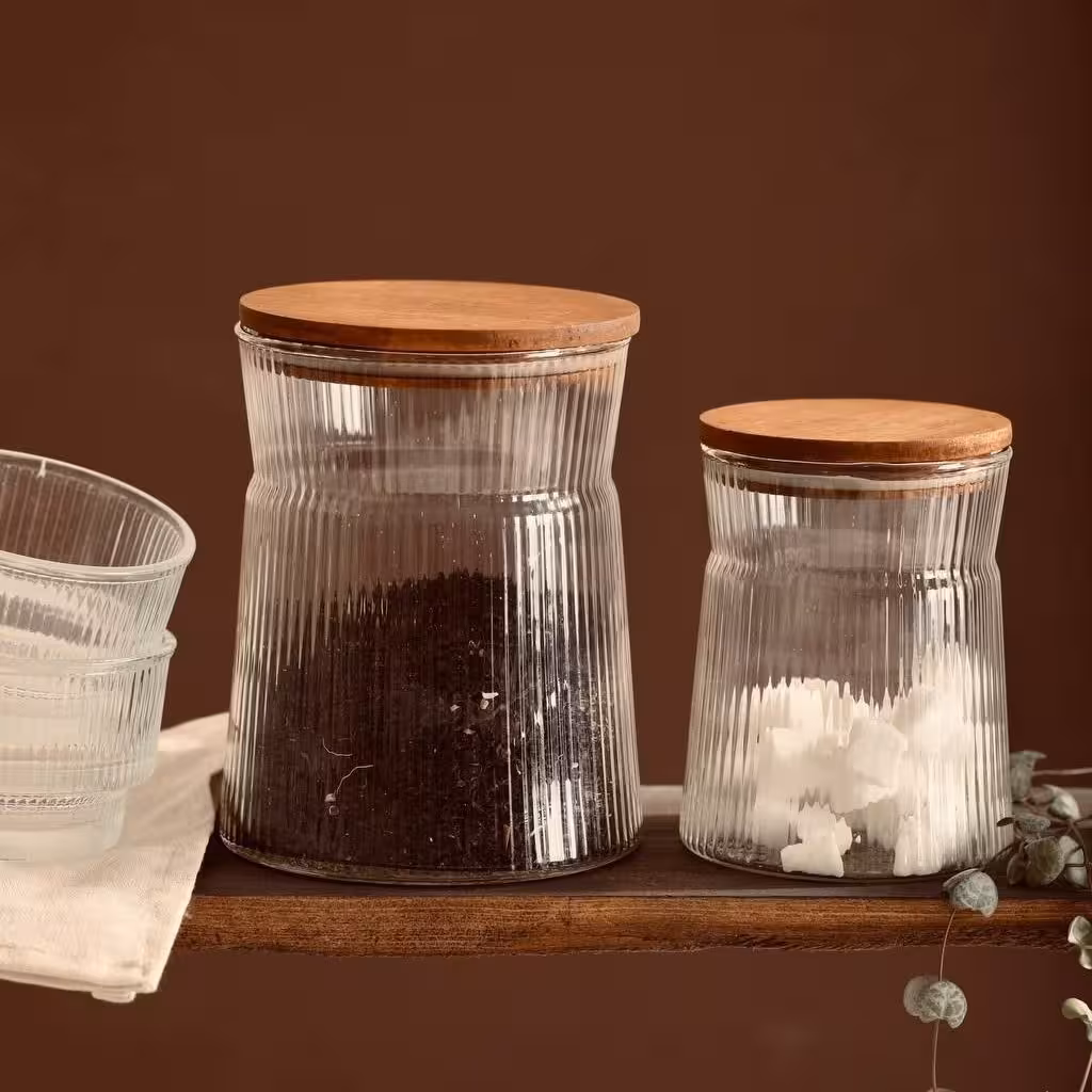 بانکه شیشه ای شیار دار درب چوبی سایز کوچک