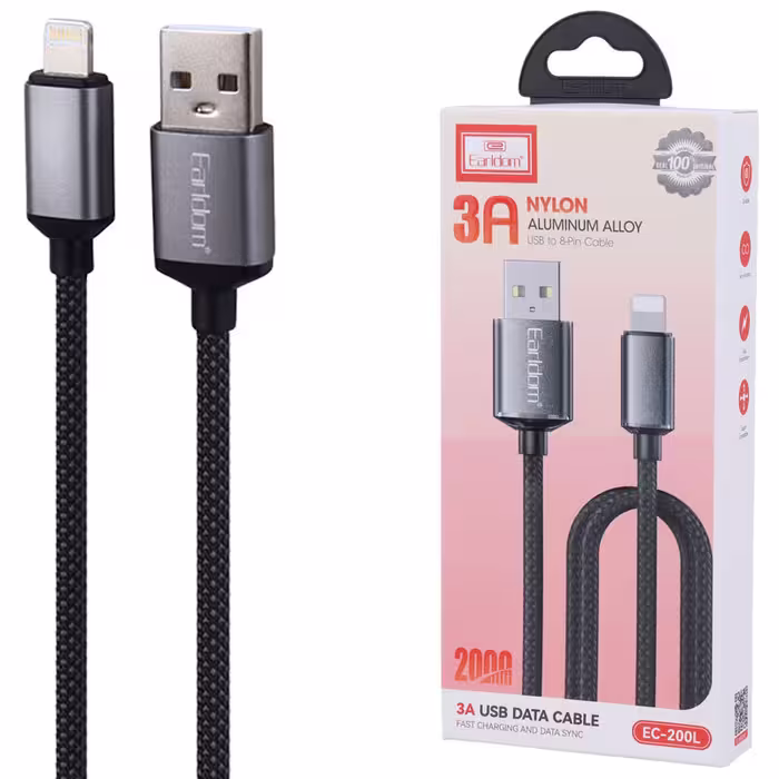 کابل لایتنینگ فست شارژ 3 آمپر ارلدام EC-200L طول 2 متر
