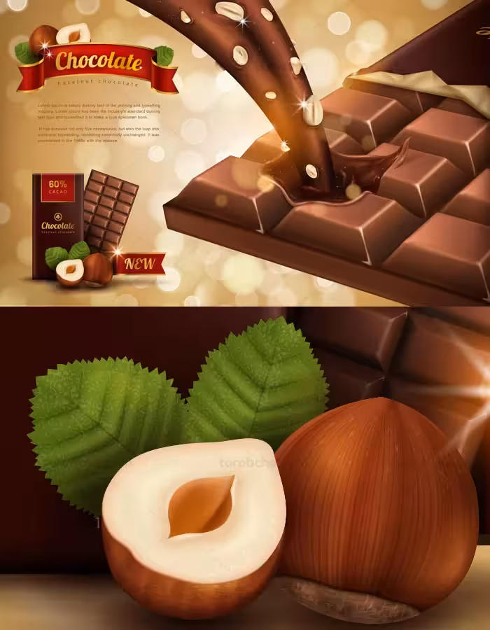 وکتور لایه باز طرح تبلیغاتی خلاقانه شکلات فندقی - گرافیک با طعم تربچه