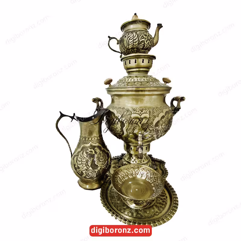 سرویس سماور برنجی مدل ذغالی 5 پارچه طرح گل 6 لیتر