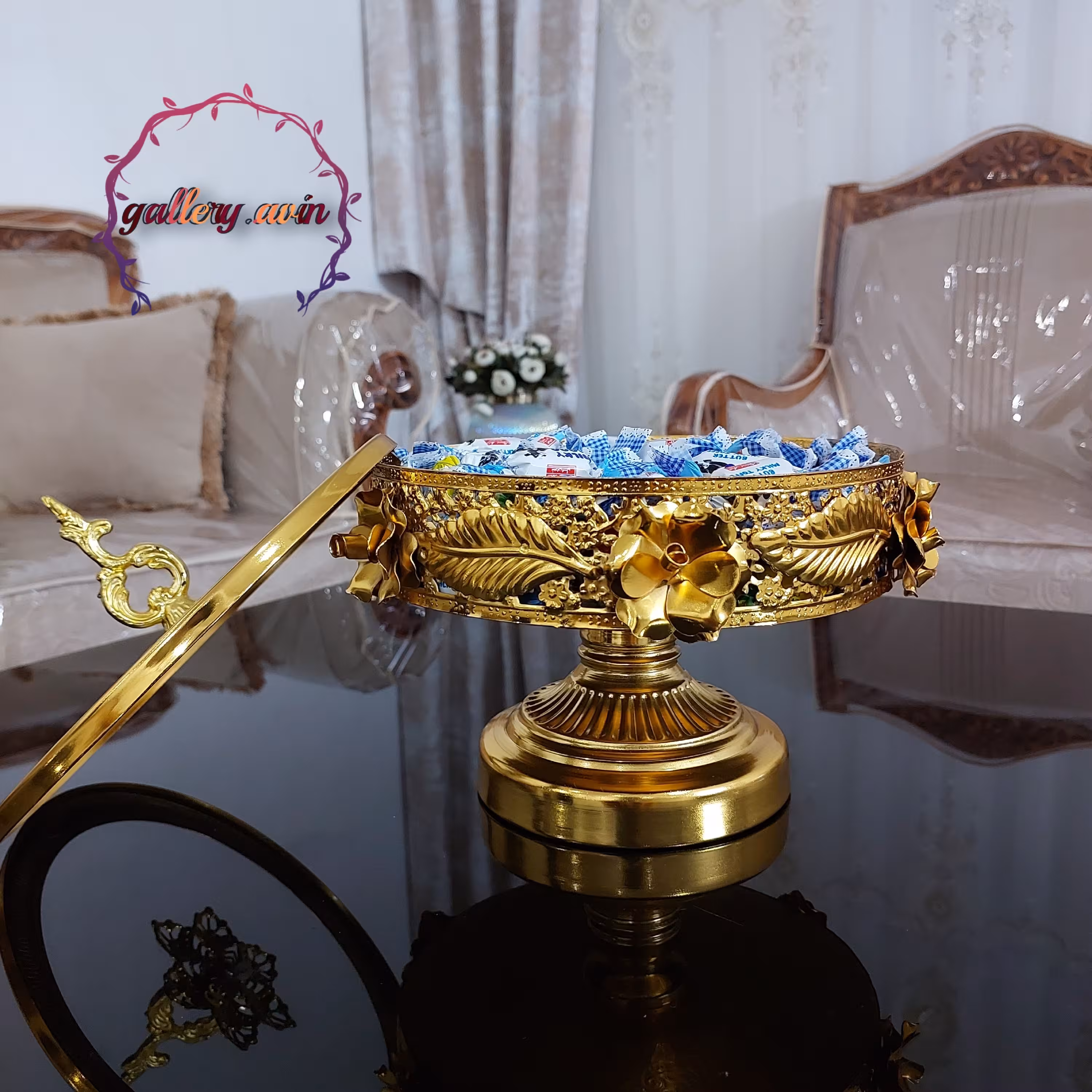شکلات خوری پایه دار فورتیک طلایی فلزی گل رز(پس کرایه)