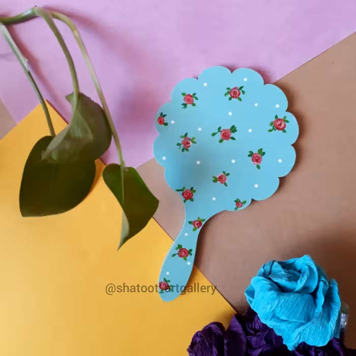 آینه دستی چوبی گل گلی دخترونه نقاشی شده با دست