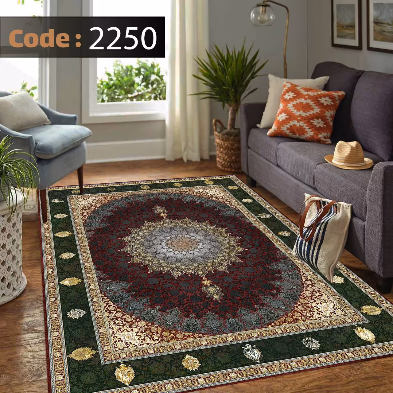 کاورفرش روفرشی دورکشدار گوشه لیفه ای لاکی ، آبی و متنوع کد 2250