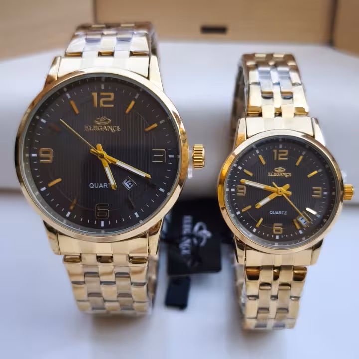 ست ساعت زنانه مردانه الگانس طلایی استیل