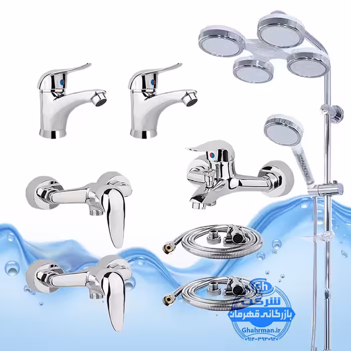 ست 8 عددی شیرآلات برند آیدا صنعت مدل قهرمان اردکی | دو عدد شیر روشویی   حمام   دو عدد توالت   علم دوش یونیورست رسوب‌گیر اتومات هلی شاتی   دو شلنگ توالت | کروم براق