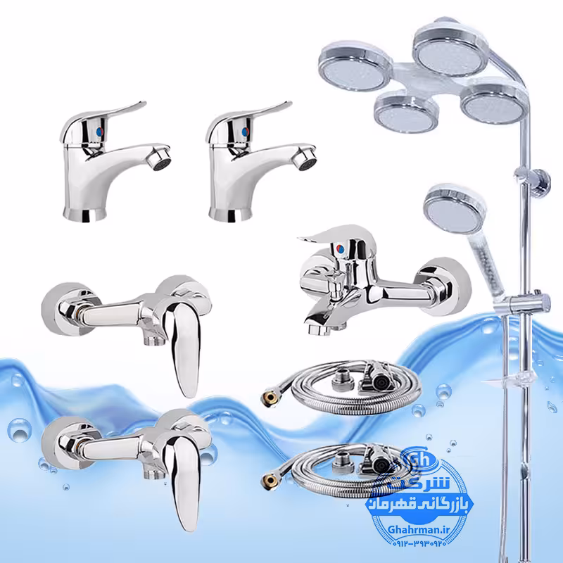 ست 8 عددی شیرآلات برند آیدا صنعت مدل قهرمان اردکی | دو عدد شیر روشویی   حمام   دو عدد توالت   علم دوش یونیورست رسوب‌گیر اتومات هلی شاتی   دو شلنگ توالت | کروم براق