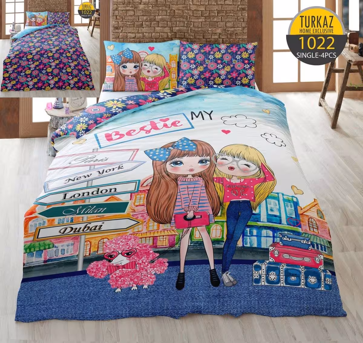 سرویس لحاف روتختی مدل دوستان برند Turkaz یک نفره 4 تکه طرح 1022