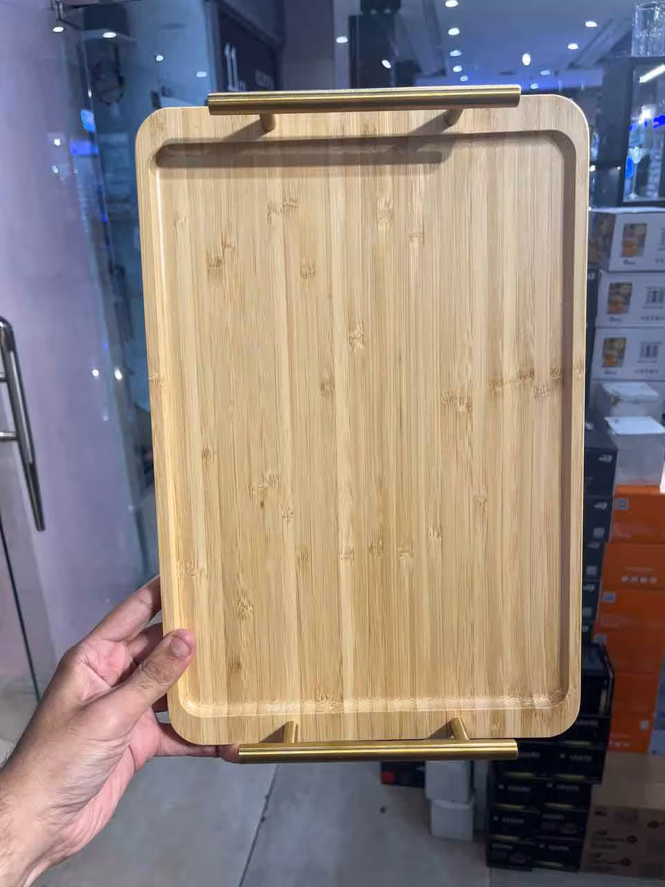 سینی بامبو مستطیل دسته فلزی متوسط