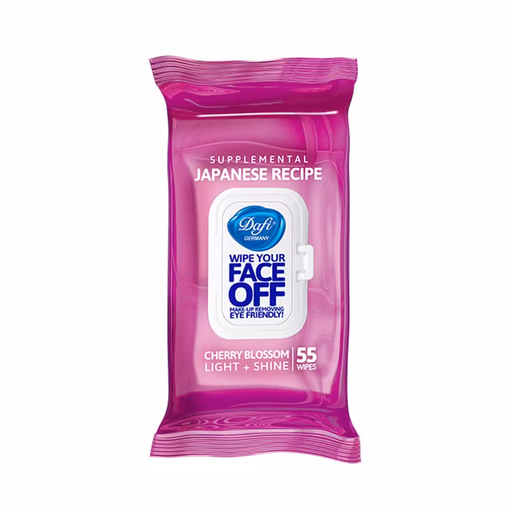 دستمال مرطوب پاک کننده آرایش حاوی عصاره شکوفه گیلاس دافی FACE OFF CHERRY BLOSSOM MAKE-UP REMOVER JAPANESE RECIPE| 55 WIPES DAFI