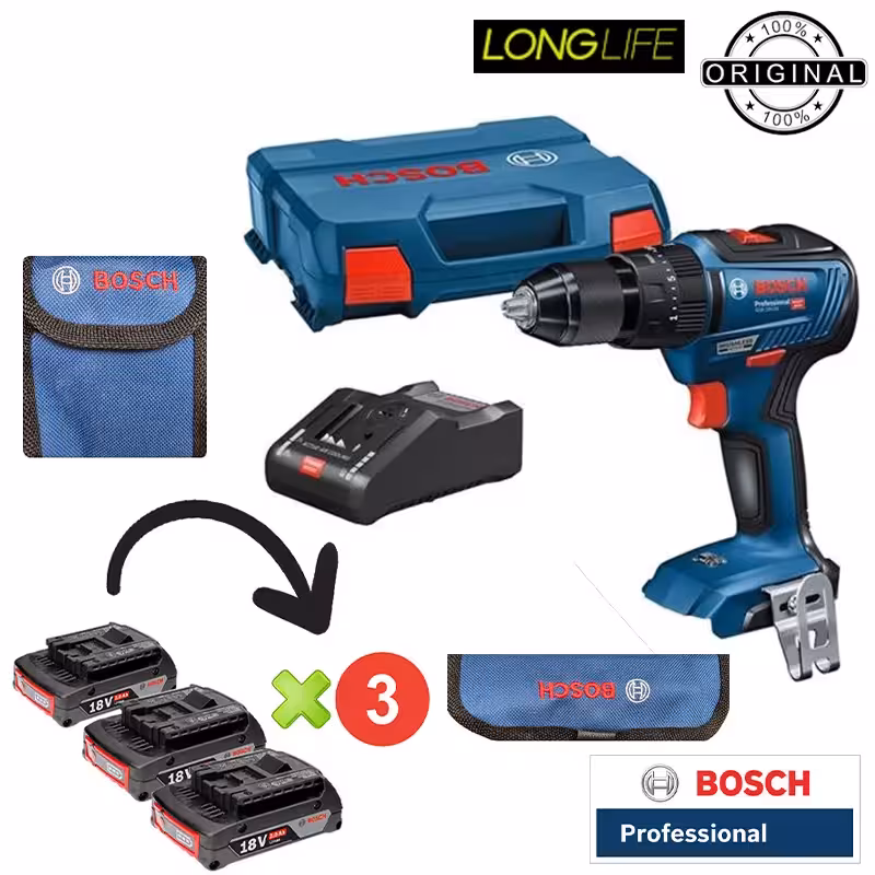 دریل پیچ گوشتی شارژی چکشی 13 میلیمتری 18 ولت بوش مدل فوق حرفه ای GSB 18V-50 Brushless Motor   3 Battery Extra