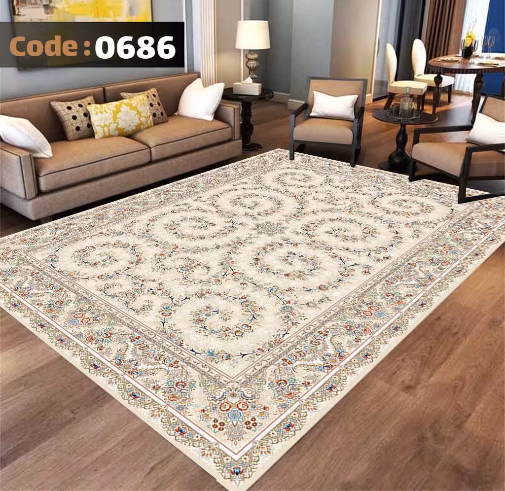 کاورفرش روفرشی دورکشدار گوشه لیفه ای کرم  قهوه ای کد 0686